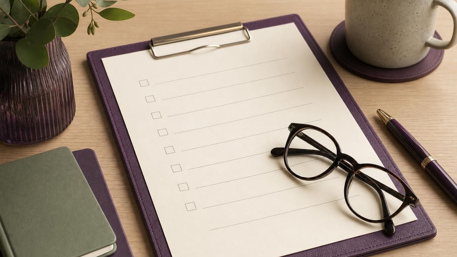 A care home visit checklist beside a pair of reading glasses