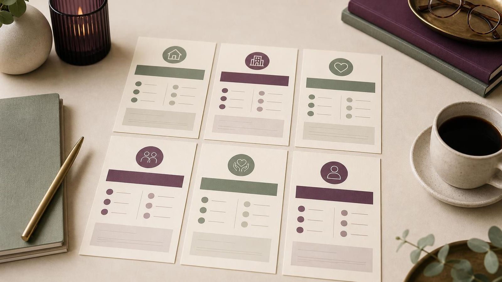 Care option cards arranged on a desk for comparison